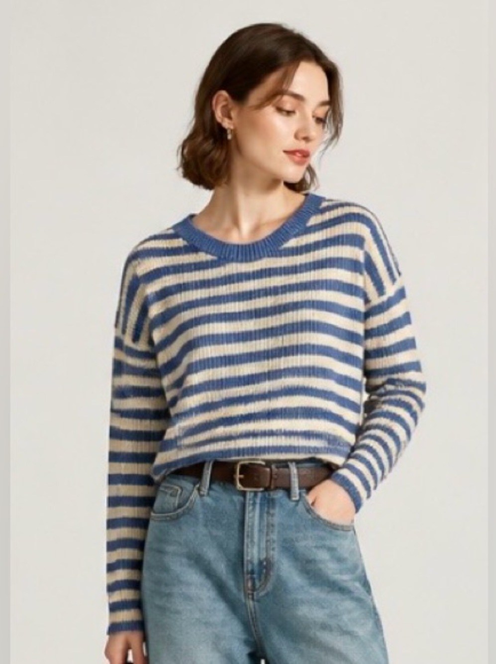 J CREW Pullover Sweater #75669 Heather Stripe Linen Textured MSRP $90